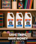 Three 1-gallon bottles of White Liquid School Glue for Arts and Crafts displayed on a shelf with art supplies and baskets.