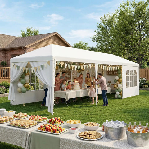 Heavy Duty Outdoor Party Tent 10x30 Gazebo With Removable Sidewalls set up for a backyard party, with family celebrating under the tent.