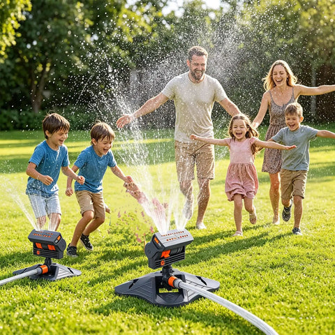 Family enjoying Adjustable Oscillating Sprinkler With Wide Coverage And Timer 16 Nozzles for Even Lawn Watering in garden