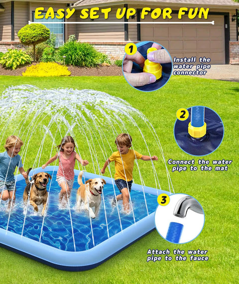 Kids and dogs playing on Extra Large 90.5 Inch Splash Pad For Kids And Dogs Oversized Backyard Water Play Mat Non Slip Safe Wading Pool Toy