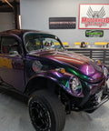 Fresh Shop Grade Superflake Colorshift Basecoat Paint Gallon Ready To Spray applied on a custom purple and green off-road bug.