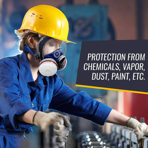 Worker wearing Full Face Organic Vapor Respirator With Anti Fog Shield, Protective Eye And Nose Guard in industrial setting.