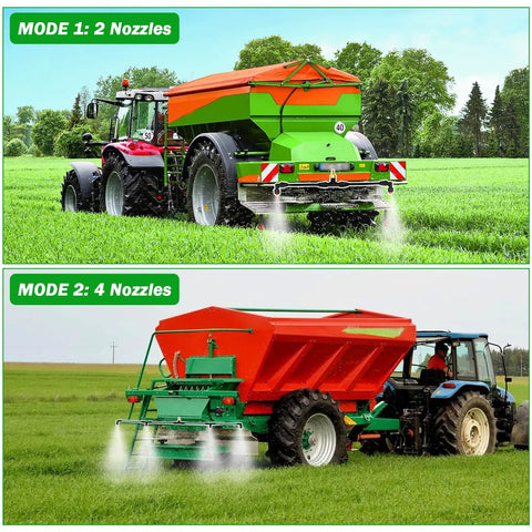 Four Nozzle Sprayer Boom Kit With Three Eighths Inch Brass Fitting on tractor showing 2 nozzles and 4 nozzles mode in field