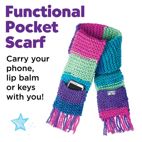 Colorful pocket scarf with phone in pocket, Learn To Knit Pocket Scarf Kit For Beginners, Easy DIY Knitting Craft For Kids 9 Plus