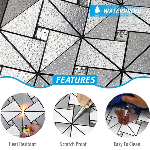 Close-up of waterproof 10-Sheet Peel And Stick Backsplash Tile Set for Kitchen Fireplace and Bathroom with water droplets, heat resistance, scratch proof and easy to clean features.