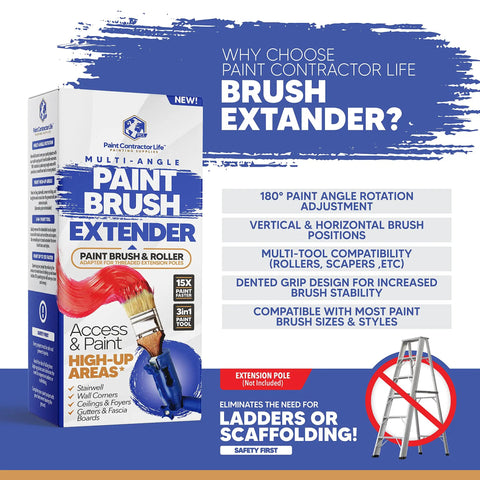 Multi-Angle Paint Brush Extender With Rotating Head Extension Pole Attachment product box with features and ladder illustration.