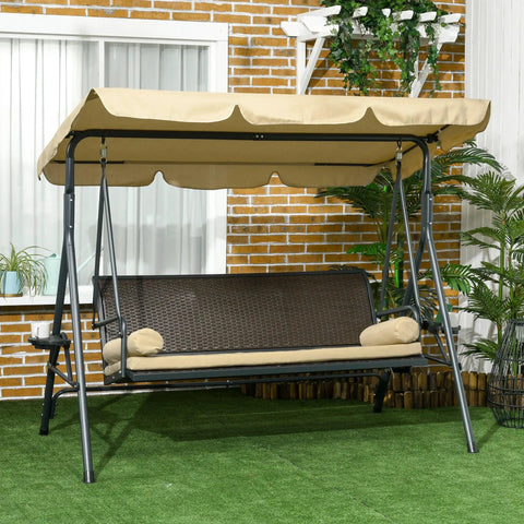 Three Seat Outdoor Patio Swing Chair With Adjustable Canopy And Removable Cushions, Rattan Seat for garden relaxation