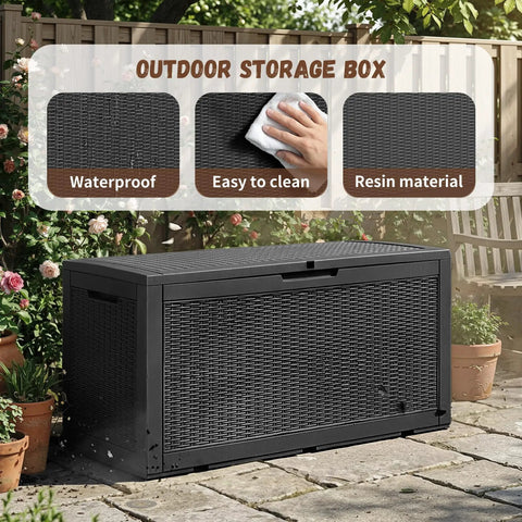 100 Gallon Outdoor Storage Box With Lockable Lid And Hydraulic Struts Resin Deck Box For Toys Cushions And Garden Gear Waterproof Rattan Style Patio Box For Outside Backyard And Pool Area shown in garden setting, highlighting waterproof and resin material features.