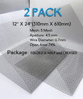 Two Pack 12 Inch By 24 Inch 5 Mesh Stainless Steel Wire Mesh Screen Built To Last Never Rust Hard And Heat Resistant For Fire Pit Liners And Outdoor Projects 310mm By 610mm, shown folded in half with specifications overlay.