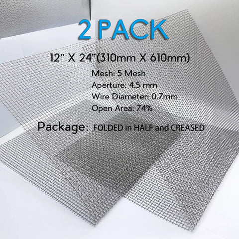 Two Pack 12 Inch By 24 Inch 5 Mesh Stainless Steel Wire Mesh Screen Built To Last Never Rust Hard And Heat Resistant For Fire Pit Liners And Outdoor Projects 310mm By 610mm, shown folded in half with specifications overlay.