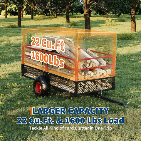 Heavy Duty ATV UTV Trailer Dump Cart Tow Behind With 1600 Lbs Capacity And 22 Cubic Feet Yard Garden Trailer with removable sides