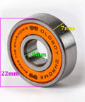 Side view of Chrome Steel Bearings 8x22x7mm For Skateboards And Longboards showing dimensions with orange seal.