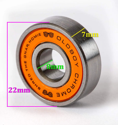 Side view of Chrome Steel Bearings 8x22x7mm For Skateboards And Longboards showing dimensions with orange seal.