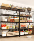 Beefy 5 Tier Metal Storage Shelves 71 Inch Wide Heavy Duty Garage Shelving Rack With 1325 Lbs Capacity, Industrial Grade Carbon Steel For Tools, Equipment, And Large Appliances, Easy Assembly, loaded with pantry items