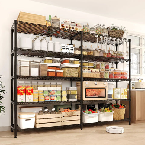 Beefy 5 Tier Metal Storage Shelves 71 Inch Wide Heavy Duty Garage Shelving Rack With 1325 Lbs Capacity, Industrial Grade Carbon Steel For Tools, Equipment, And Large Appliances, Easy Assembly, loaded with pantry items