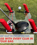 Speed Trap Two Point Zero Golf Swing Trainer with rods on grass showing slice and hook correction path aid