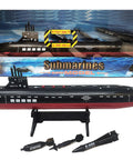 Sixteen Point Five Inch Black Submarine Toy With Realistic Sound Effects Includes Two Torpedoes And An Anti Radar Missile Not Movable On Its Own Three Push Button Sound Effects For Fun Desktop Stand Included displayed in box