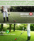 Ergonomic Weedeater Handle Extension For String Trimmer Keeps You Standing Up Straight And A Back Saver For Edging And Trimming 17.7 Inch Lawn Care And Landscaping shown with before and after use differences.