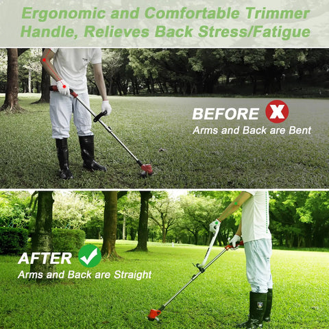 Ergonomic Weedeater Handle Extension For String Trimmer Keeps You Standing Up Straight And A Back Saver For Edging And Trimming 17.7 Inch Lawn Care And Landscaping shown with before and after use differences.