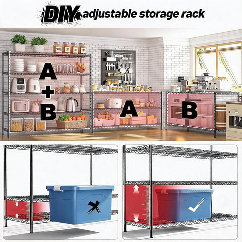 Beefy Five Tier Heavy Duty Adjustable Wire Shelving Rack With Three Thousand Two Hundred Lbs Max Capacity For Garage Organization Kitchen Pantry And Stacking Storage Built Tight To Handle Your Heaviest Gear Measures Fifty Nine By Eighteen By Seventy One in practical use for organizing kitchen items.