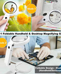 Foldable handheld and desktop magnifying glass in use for hobbies and reading, 2-in-1 design with adjustable LED brightness for seniors.