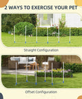 Dog Agility Weave Poles Set, Adjustable Training Kit with Storage Bag shown in straight and offset configurations on grass