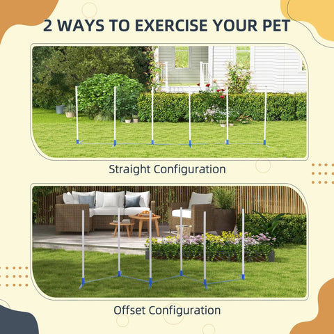Dog Agility Weave Poles Set, Adjustable Training Kit with Storage Bag shown in straight and offset configurations on grass