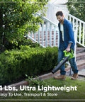 Heavy Duty Brushless Motor Turbo Leaf Blower Knocking Out Yard Leaves And Dust With 515 Cfm Airflow And 130 Mph Winds held by a person.