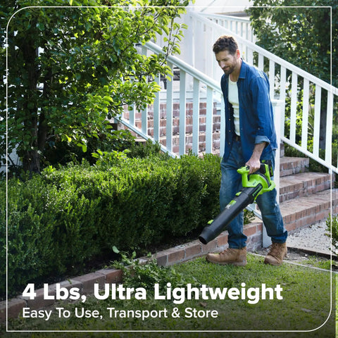 Heavy Duty Brushless Motor Turbo Leaf Blower Knocking Out Yard Leaves And Dust With 515 Cfm Airflow And 130 Mph Winds held by a person.