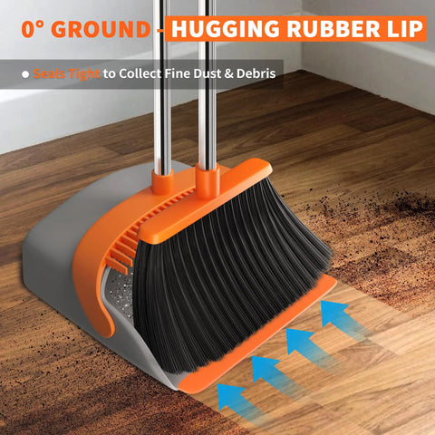 Upgraded Broom and Dustpan Set With a 52-Inch Long, Adjustable Handle for Standing Cleaning Self-Cleaning Teeth No Bending Great for Pet Hair and Everyday Messes in Kitchen Office Home Indoor and Outdoor Use Orange and Gray showing close-up of broom sweeping debris into dustpan on wooden floor.