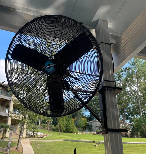 Heavy Duty Boat Dock Fan Mount For Four Inch Square Posts Featuring No Sweat Easy Installation All Weather Rust Proof Marine Grade Hardware And Swivel Tilt Design For Ultimate Backyard Chill Vibes mounted on a post.