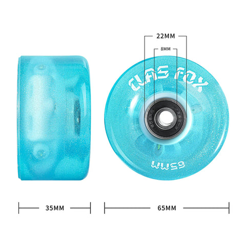Side and top view of blue Lit Up Roller Skate Wheels With Bright Dots And ABEC 9 Bearings Installed 65mm By 35mm 82A Eight Pack.