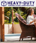 4x4 Concrete Post Anchors U Shape Post Base Set 4 Pack for fence and deck installation, outdoor setting with chairs.