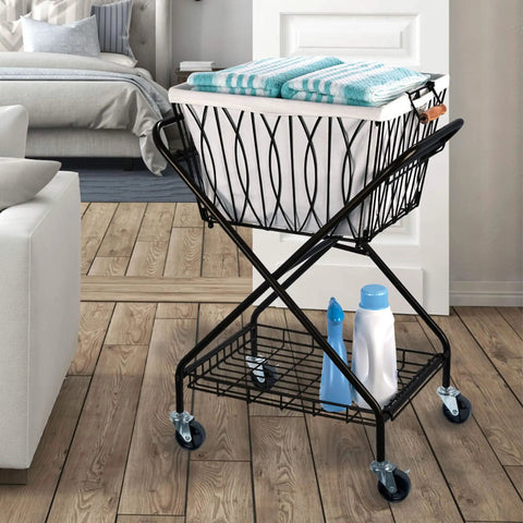 Verona Collapsible Laundry Cart With Removable Canvas Basket Large Black Heavy Duty Steel Construction in a home setting.