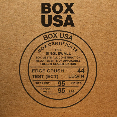 Close-up of certification label on a kraft carton, detailing edge crush test ECT44 for the 25 Pack Heavy Duty Corrugated Cardboard Shipping Boxes, 16x12x10 Inch Kraft Cartons, ECT44 Single Wall Packing Crates Rock Solid For Moving, Storage, And Heavy Hauling Tasks.