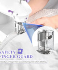 Beginner Friendly Mini Sewing Machine Kit with safety finger guard in use with focus on guard feature.