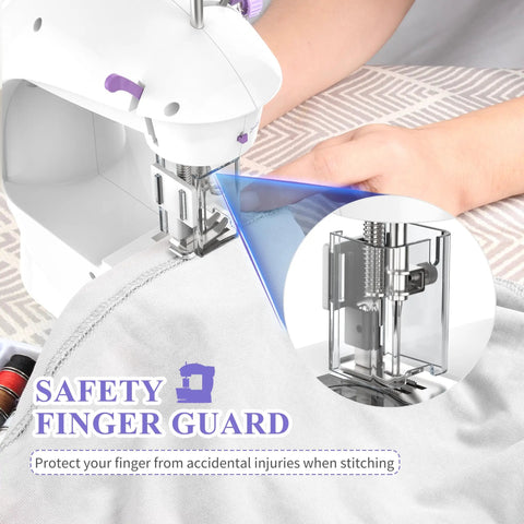 Beginner Friendly Mini Sewing Machine Kit with safety finger guard in use with focus on guard feature.