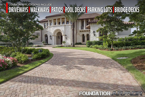 Tough As Nails Silane Siloxane Concrete Sealer 5 Gallon shown on a brick paver driveway in a landscaped home entrance.