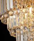 Close-up of Modern K9 Crystal Gold Flush Mount Chandelier With 6 Lights, showing crystal raindrops sparkle, brass gold finish.