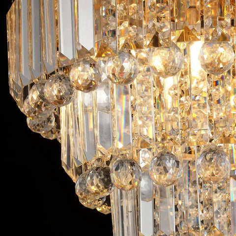 Close-up of Modern K9 Crystal Gold Flush Mount Chandelier With 6 Lights, showing crystal raindrops sparkle, brass gold finish.