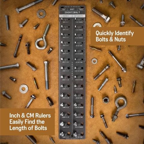 Identibolt Precise Threadchecker And Wall Mount Kit with 28 bolt threads, featuring inch and cm rulers surrounded by various bolts and nuts.
