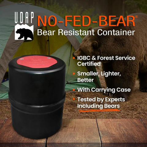Bear Resistant Food Storage Canister For Hiking Camping And Backpacking, 2 Gallon Capacity With Carrying Case, trail setting with tent and bear