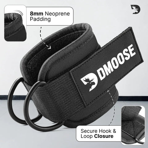 Premium Ankle Strap for Cable Machines with ultra thick 8mm padding, nylon, D-rings, secure closure; perfect for workouts.