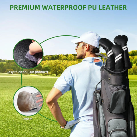 Golfer with 4 Piece Golf Head Cover Set For Drivers Fairway Woods And Hybrids With Interchangeable Tags Waterproof Black Protection
