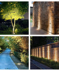 Landscape Lighting Well Lights Kit 6W 12V 24V Ground Lights 6000K highlighting trees, pathways, and walls at night outdoors.