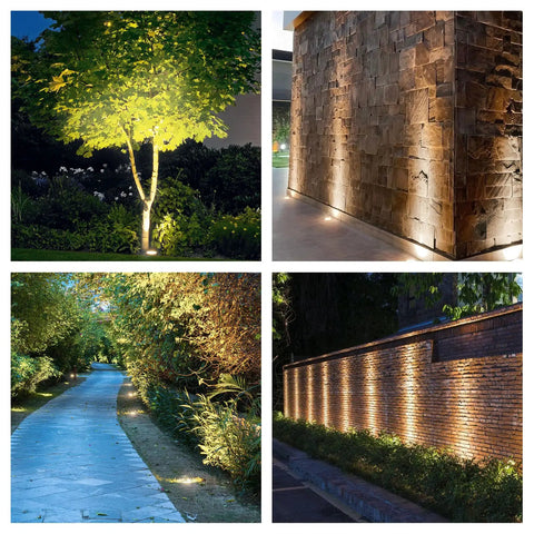 Landscape Lighting Well Lights Kit 6W 12V 24V Ground Lights 6000K highlighting trees, pathways, and walls at night outdoors.