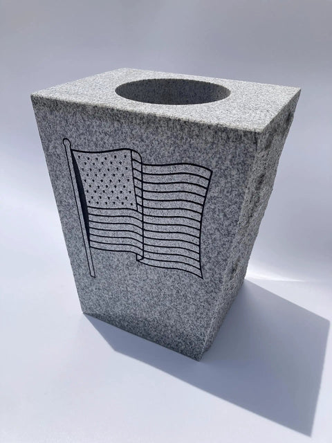 Tapered Granite Gravesite Vase With Engraved Design Gray Georgia Granite 8 By 6 By 10 Inches Handcrafted USA Made Memorial