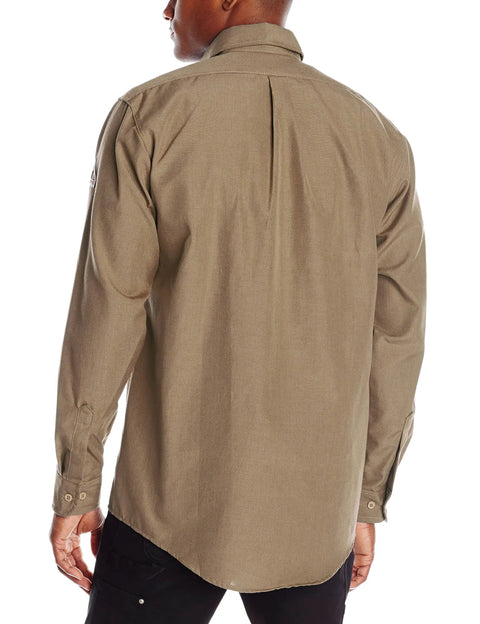 Heavy Duty Nomex IIIA Flame Resistant Work Shirt With Button Front Placket Topstitched Collar Tailored Sleeve Placket CAT1 NFPA 2112 Certified Built Tough For The Daily Grind In Tan, back view highlighting tailored details.