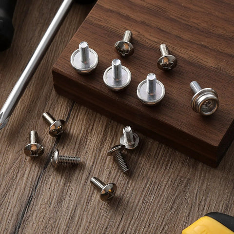 12 Pack Stainless Steel Helmet Screws For Football And Hockey Visors, 12mm And 10mm Facemask Hardware Kit on wood surface