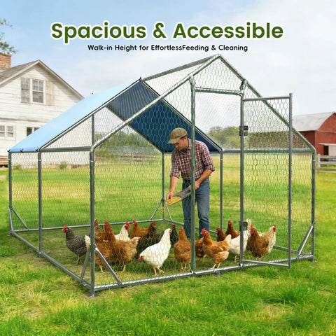 Farmer with chickens in Heavy Duty Walk In Chicken Coop With Peak Roof And Waterproof Cover 13 By 9.8 By 6.4 Feet Poultry Enclosure
